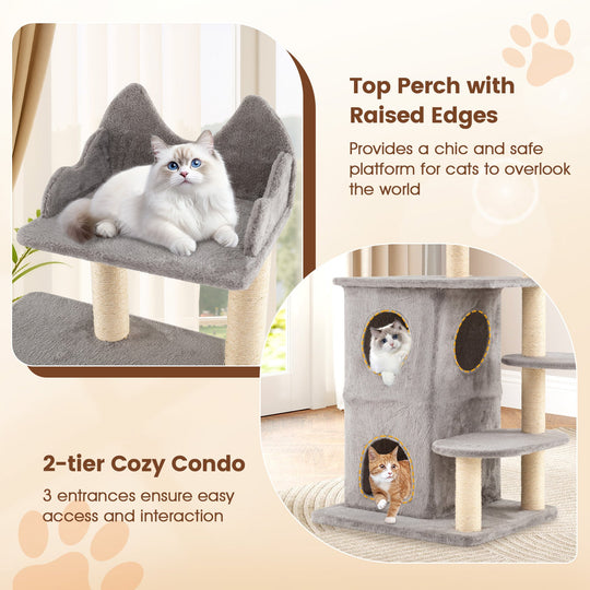 48.5 inch Cat Tree with 2-story Condo and 3 Hideaway Caves for Large Cats-Gray