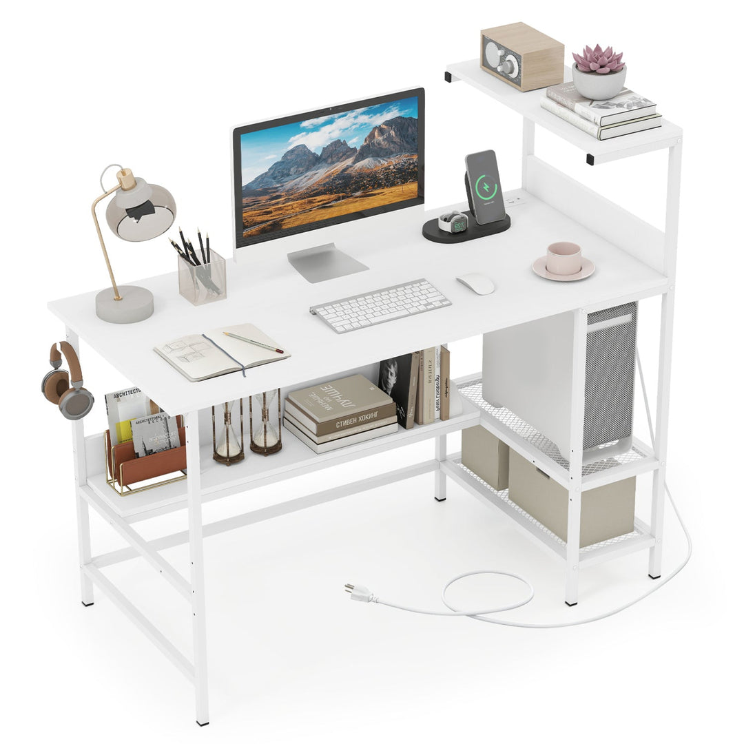 48 Inch Computer Desk with Power Outlets and Storage Shelves