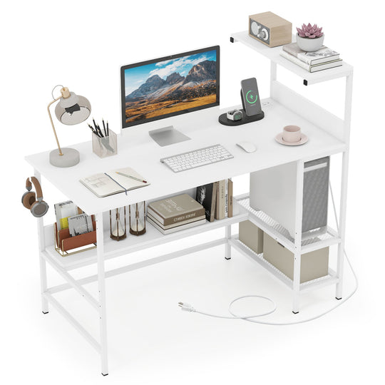 48 Inch Computer Desk with Power Outlets and Storage Shelves