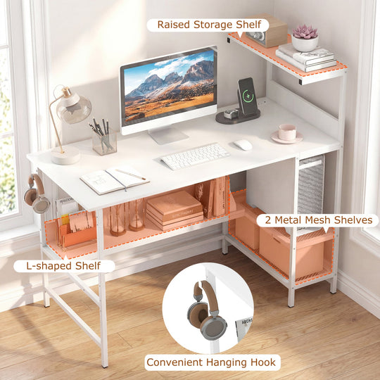 48 Inch Computer Desk with Power Outlets and Storage Shelves