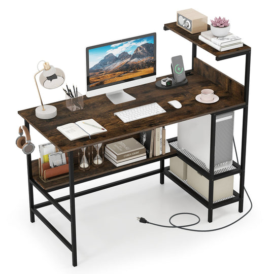 48 Inch Computer Desk with Power Outlets and Storage Shelves