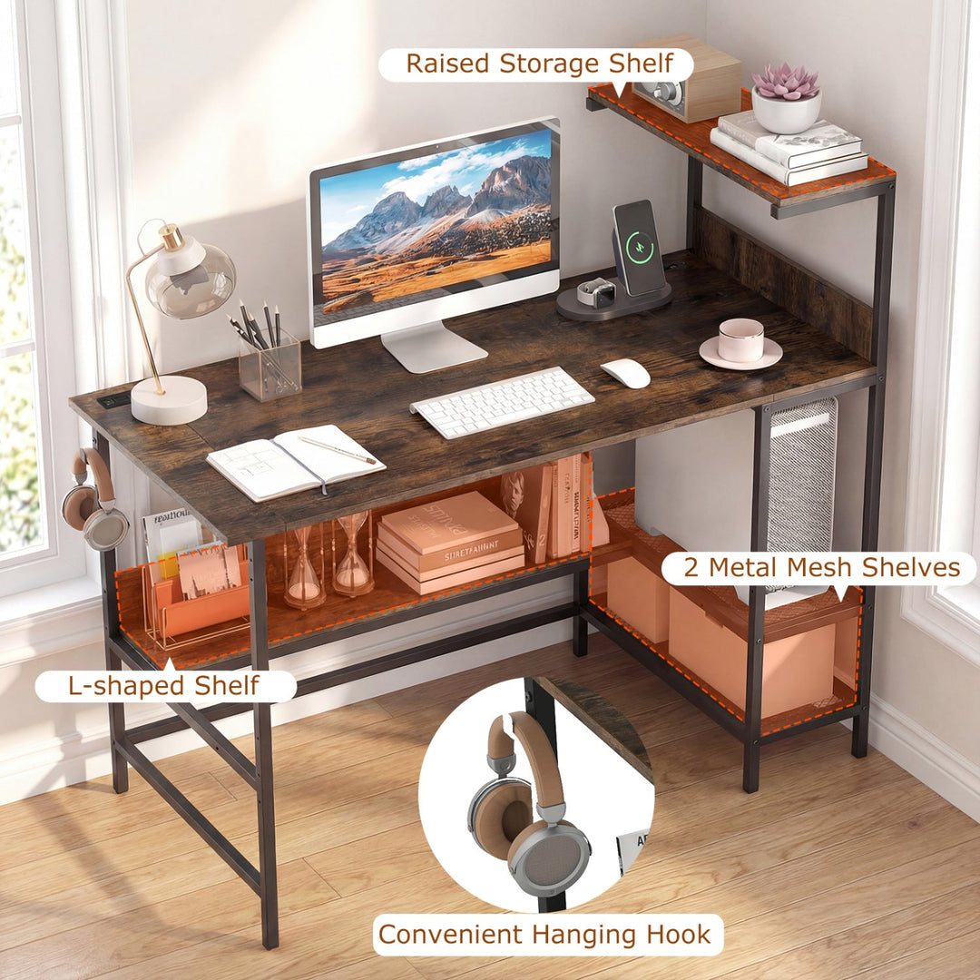 48 Inch Computer Desk with Power Outlets and Storage Shelves