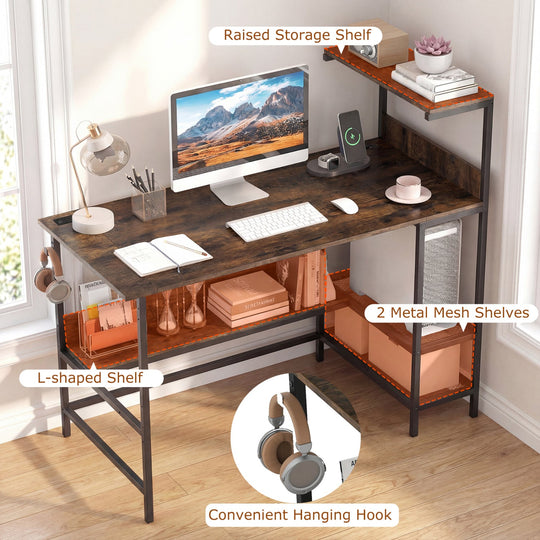 48 Inch Computer Desk with Power Outlets and Storage Shelves