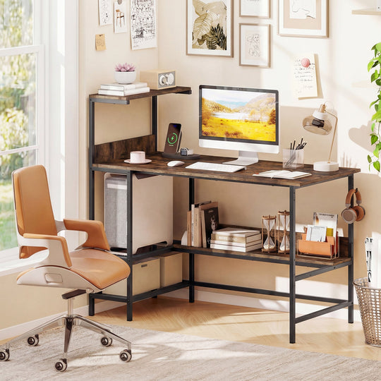 48 Inch Computer Desk with Power Outlets and Storage Shelves