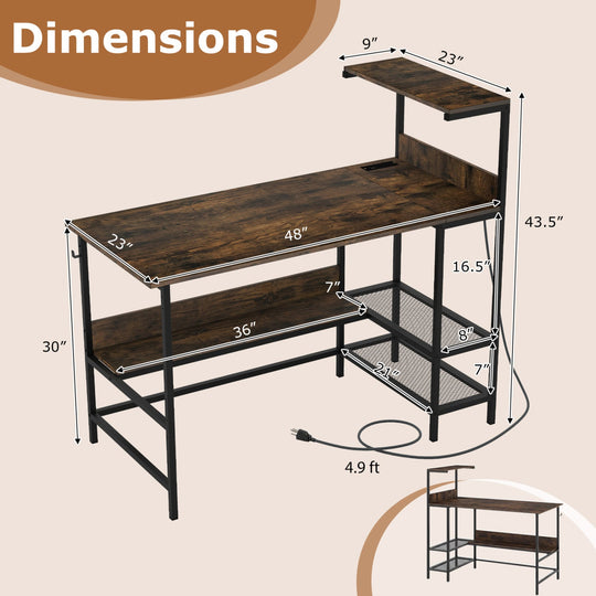 48 Inch Computer Desk with Power Outlets and Storage Shelves