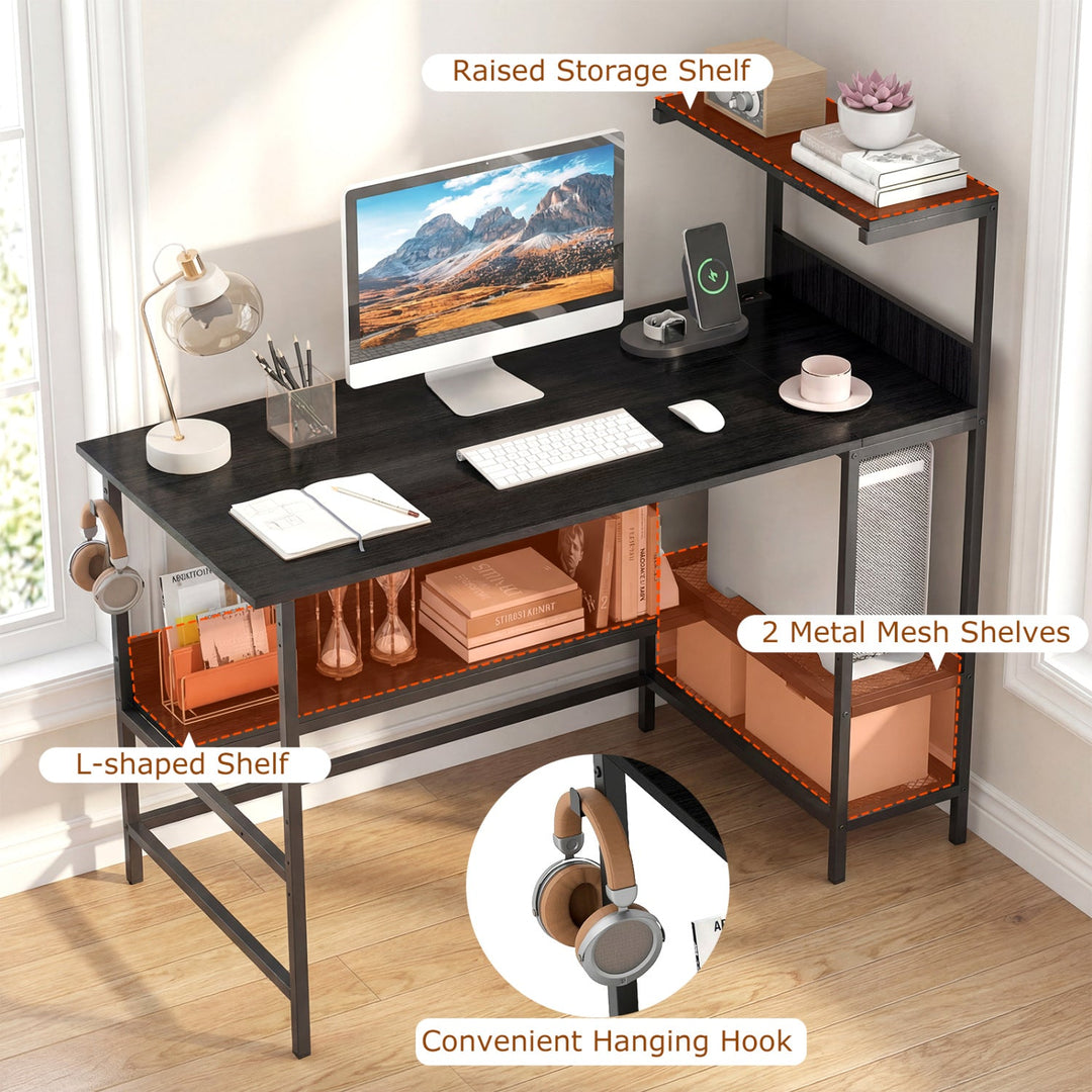 48 Inch Computer Desk with Power Outlets and Storage Shelves
