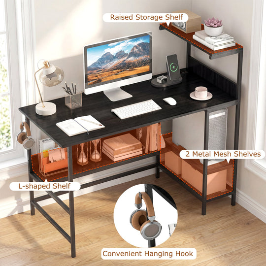 48 Inch Computer Desk with Power Outlets and Storage Shelves
