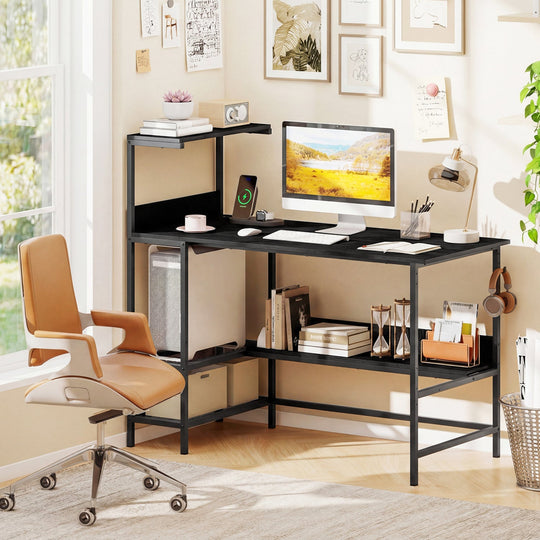 48 Inch Computer Desk with Power Outlets and Storage Shelves