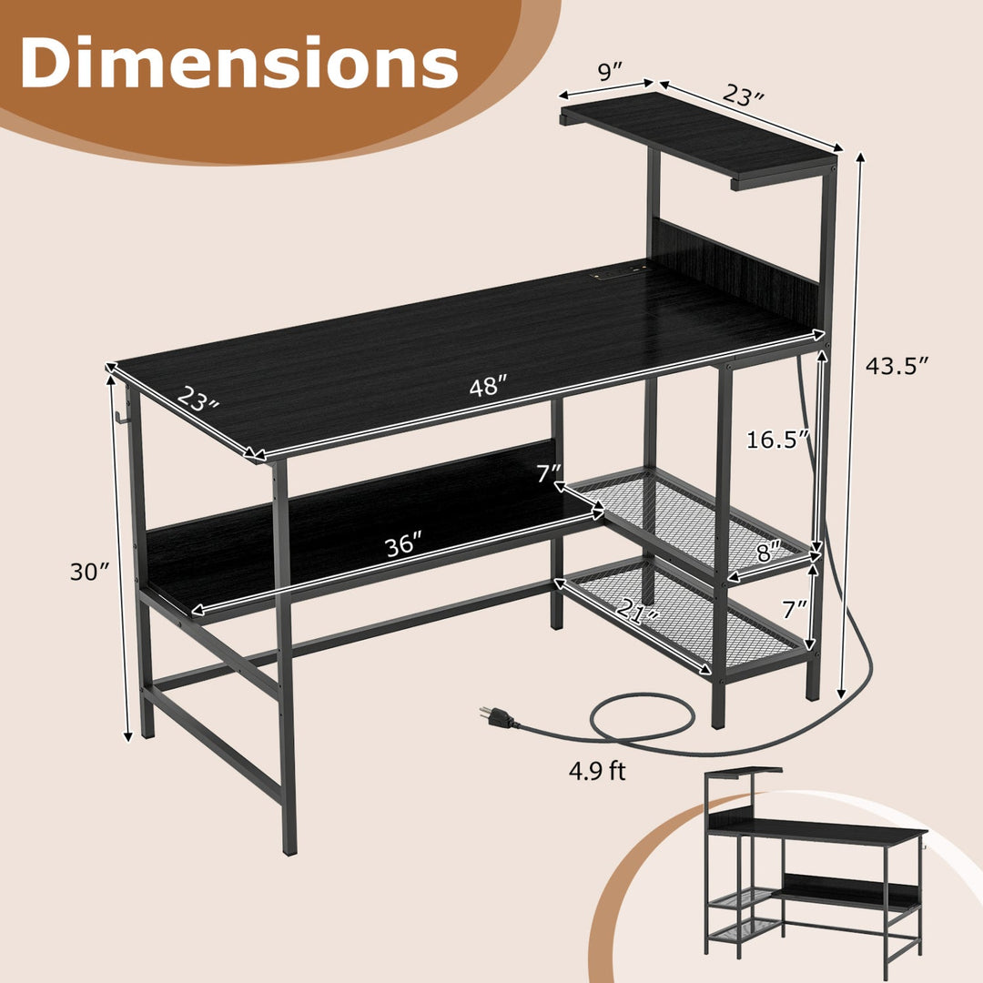 48 Inch Computer Desk with Power Outlets and Storage Shelves