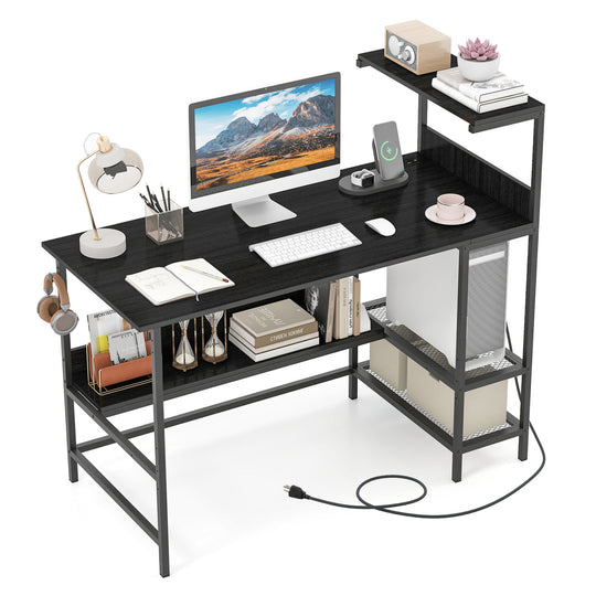 48 Inch Computer Desk with Power Outlets and Storage Shelves