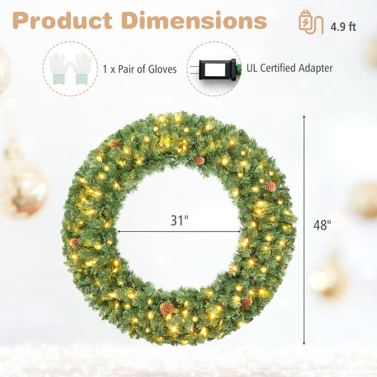 48 Inch Large Pre-Lit Artificial Christmas Wreath