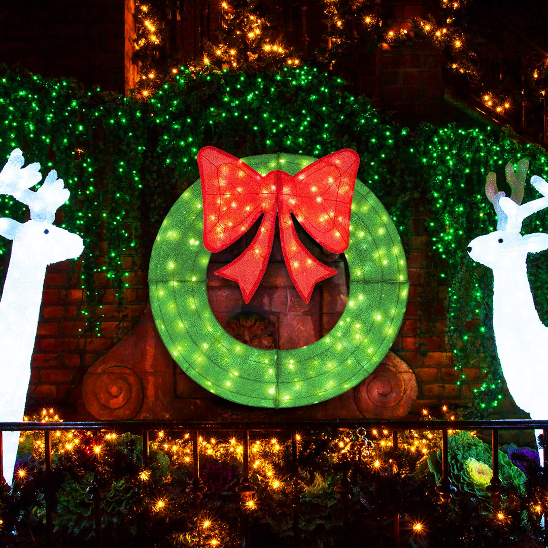 48 Inch Pre-Lit Lighted Christmas Mesh Wreath with Bow and 200 LED Bulbs
