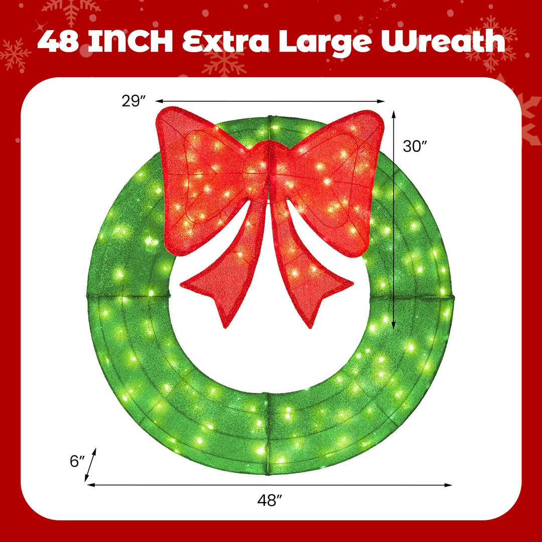48 Inch Pre-Lit Lighted Christmas Mesh Wreath with Bow and 200 LED Bulbs