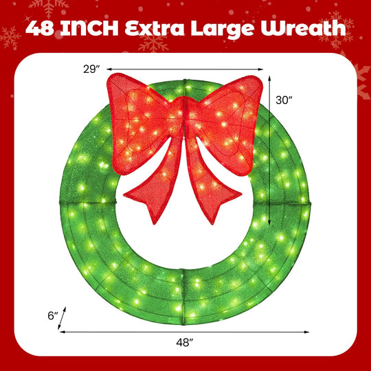 48 Inch Pre-Lit Lighted Christmas Mesh Wreath with Bow and 200 LED Bulbs