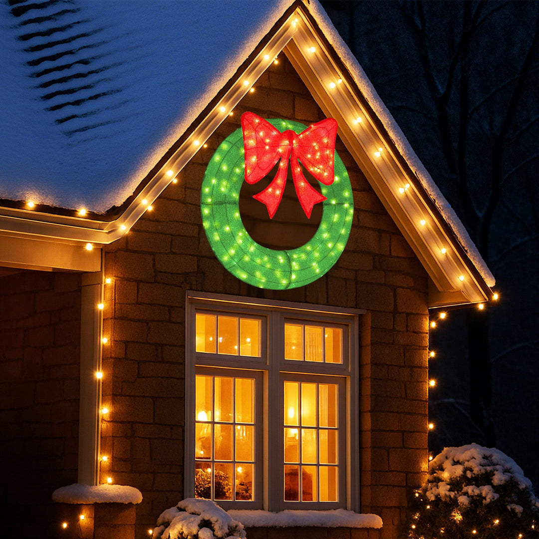 48 Inch Pre-Lit Lighted Christmas Mesh Wreath with Bow and 200 LED Bulbs