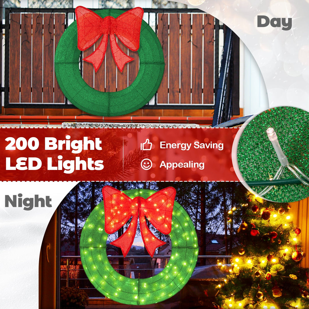 48 Inch Pre-Lit Lighted Christmas Mesh Wreath with Bow and 200 LED Bulbs