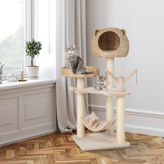 Multi-Level Cat Tree with Condo Hammock and Rotatable Hanging Balls-Natural