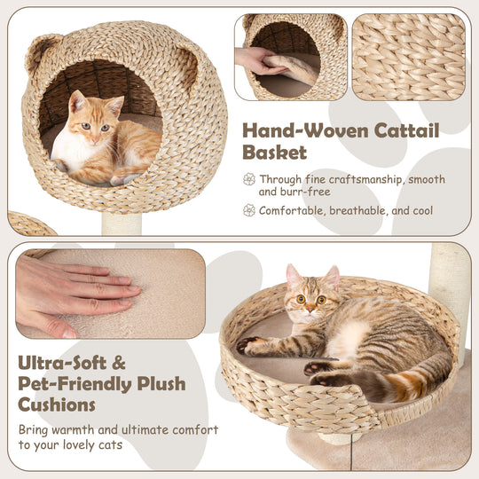 Multi-Level Cat Tree with Condo Hammock and Rotatable Hanging Balls-Natural