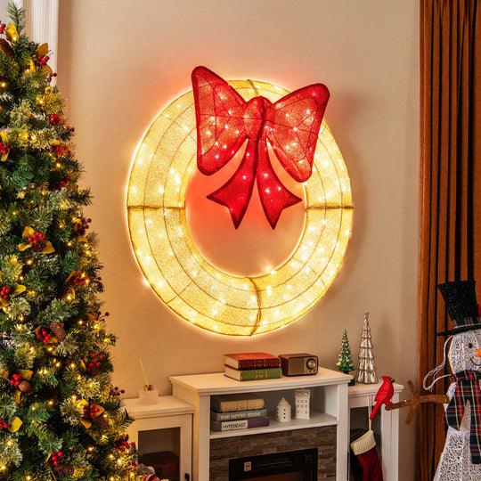 48 Inch Pre-Lit Lighted Christmas Mesh Wreath with Bow and 200 LED Bulbs