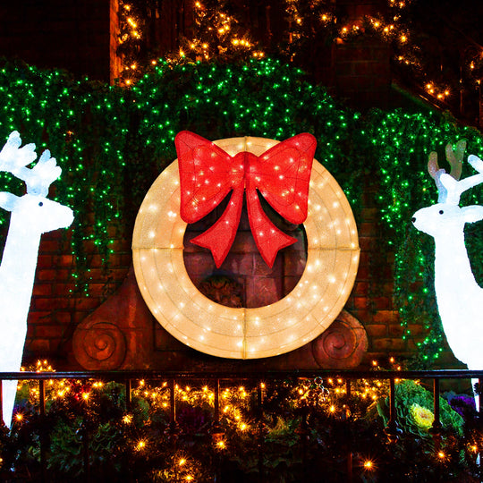 48 Inch Pre-Lit Lighted Christmas Mesh Wreath with Bow and 200 LED Bulbs