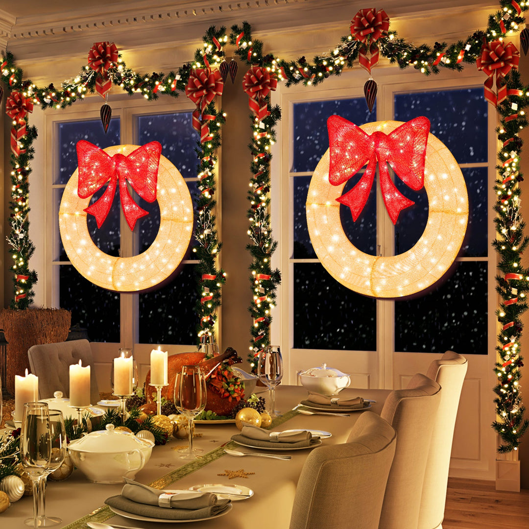 48 Inch Pre-Lit Lighted Christmas Mesh Wreath with Bow and 200 LED Bulbs