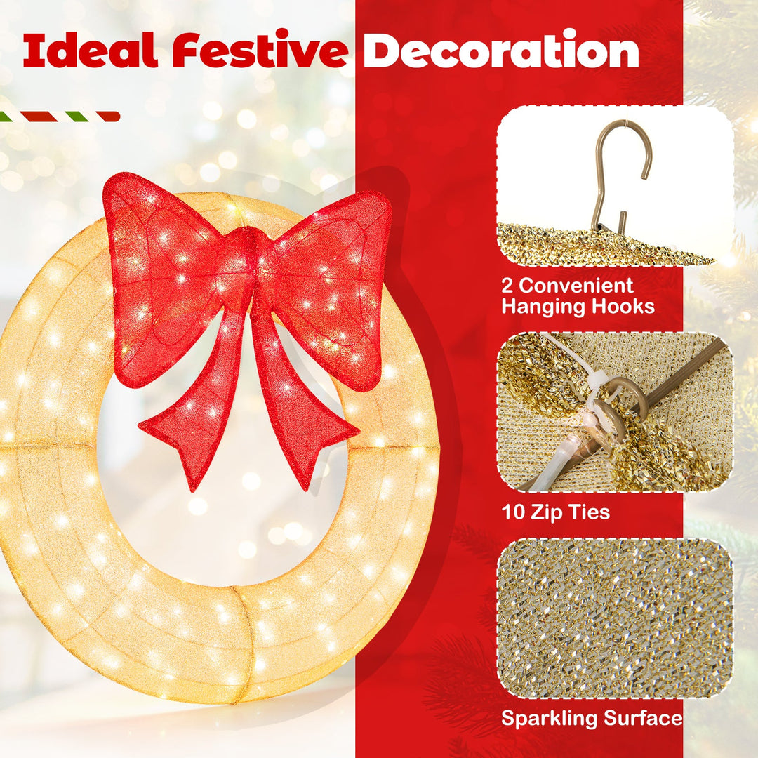 48 Inch Pre-Lit Lighted Christmas Mesh Wreath with Bow and 200 LED Bulbs