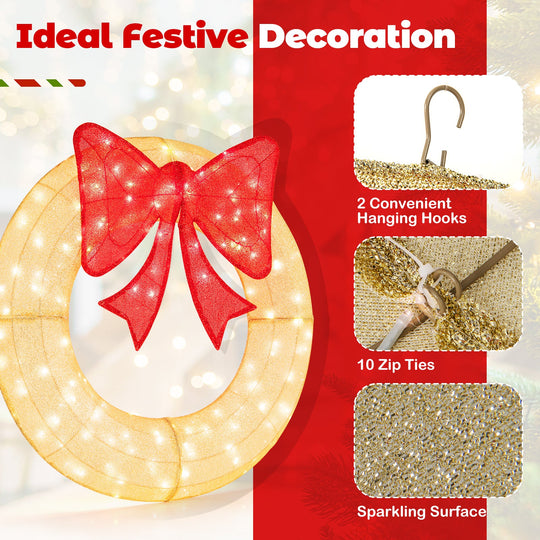 48 Inch Pre-Lit Lighted Christmas Mesh Wreath with Bow and 200 LED Bulbs