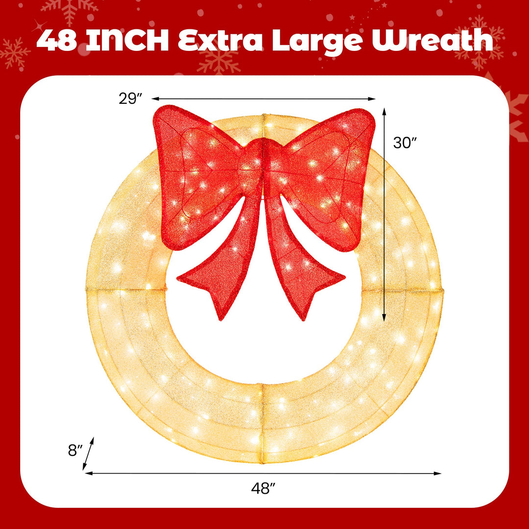 48 Inch Pre-Lit Lighted Christmas Mesh Wreath with Bow and 200 LED Bulbs