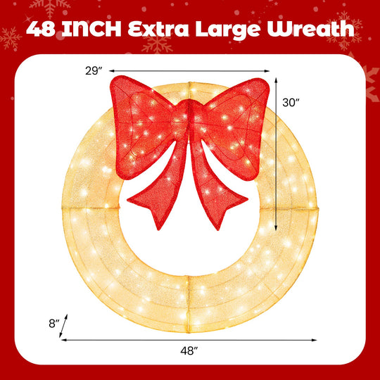 48 Inch Pre-Lit Lighted Christmas Mesh Wreath with Bow and 200 LED Bulbs