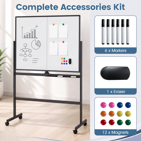48" x 36" Double-Sided Mobile Whiteboard with Lockable Wheels