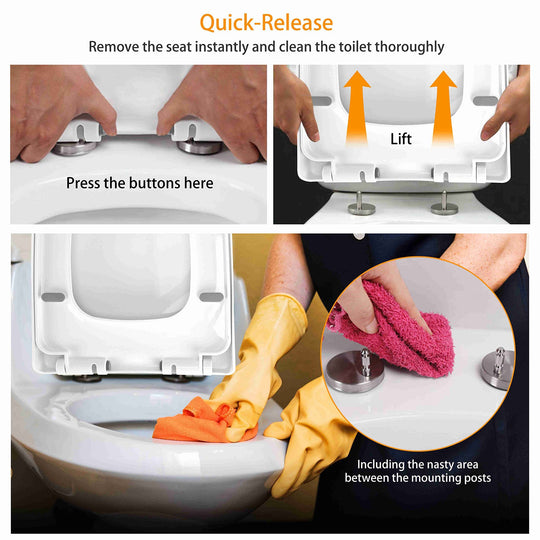 Square Toilet Seat with Grip-Tight Seat Bumpers Heavy-Duty Quiet-Close Quick-Release Easy Cleaning White UK