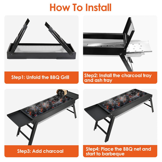 Foldable Charcoal BBQ Grill with Shelf Stainless Steel Grill Net Easy Setup Portable Tabletop Barbecue Grill for Camping Picnic Outdoor Party Backyard
