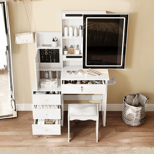 White Vanity Desk Set with LED Lighted Mirror & Padded Stool