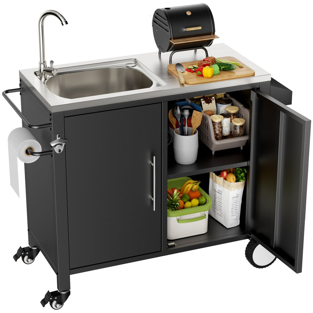 Outdoor Grill Cart with Sink, Storage & Fold-Down Side Table