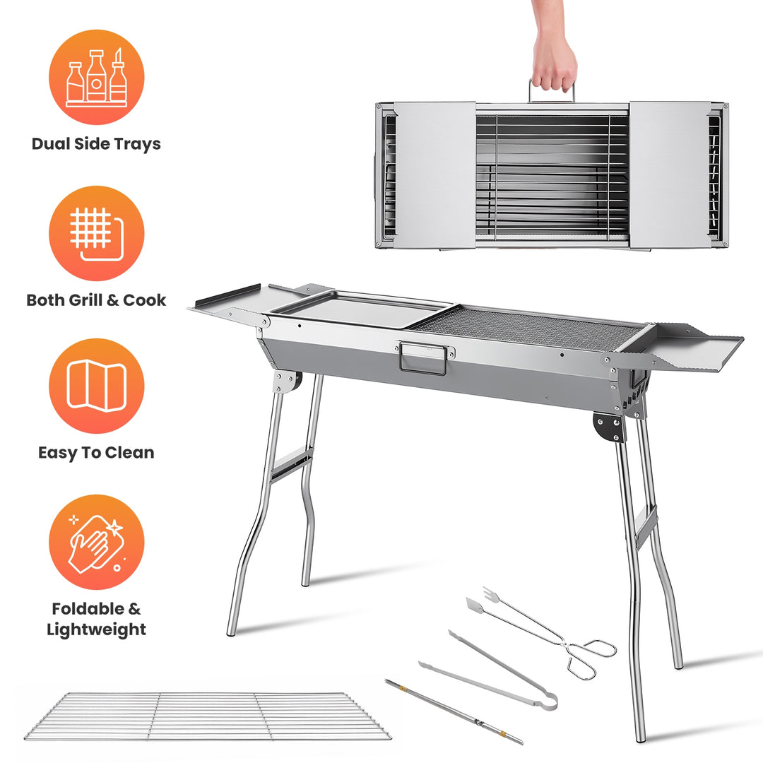 Portable Charcoal Grill with Folding Legs & Side Trays Stainless Steel Outdoor BBQ Grill with Large Cooking Grate Charco