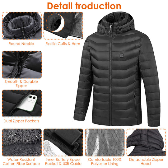 Heated Jacket with 8 Heating Zones & Detachable Hood