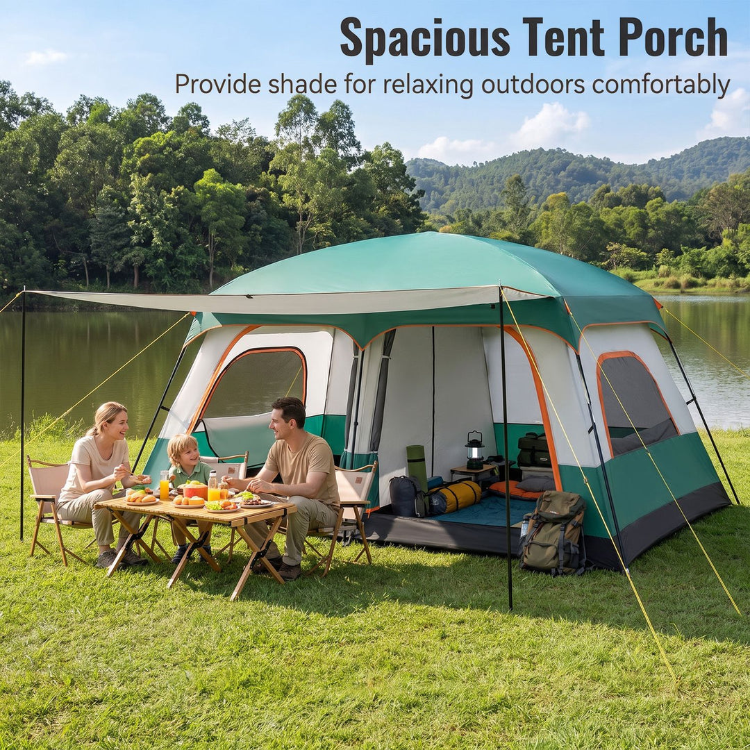 4-10 Person Camping Tent in Green Color with Porch and 2 Rooms for Backpacking