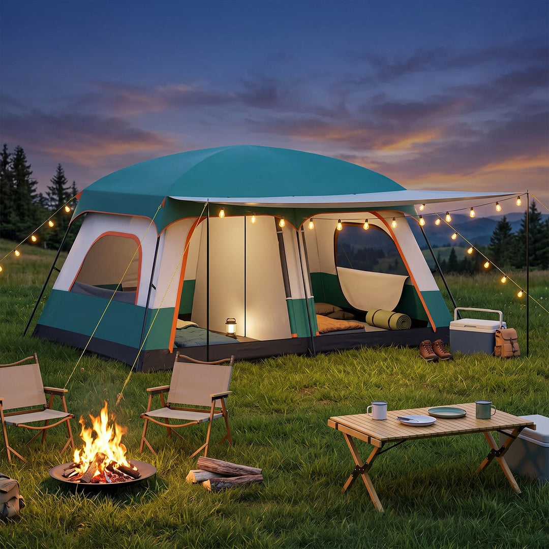 4-10 Person Camping Tent in Green Color with Porch and 2 Rooms for Backpacking