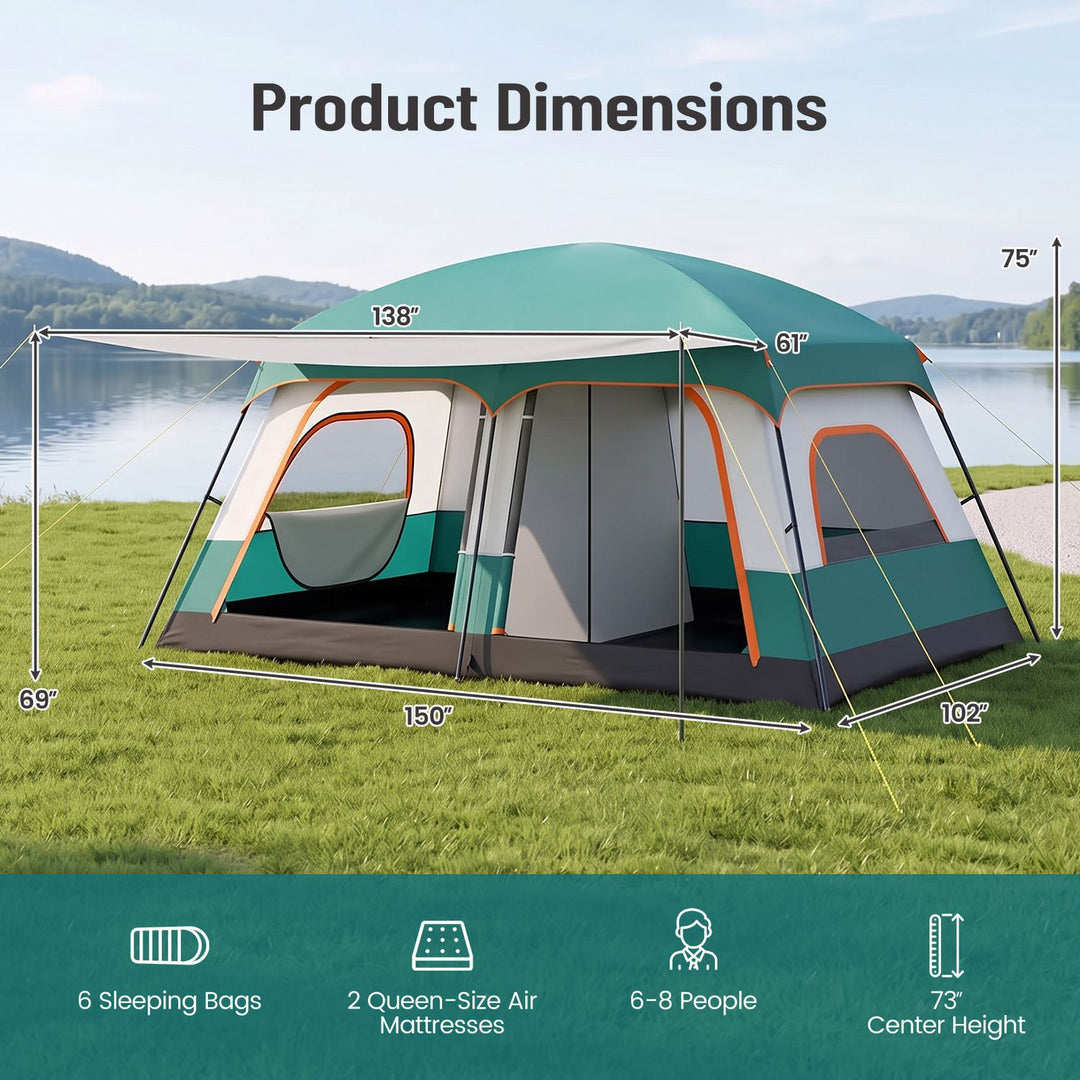 4-10 Person Camping Tent in Green Color with Porch and 2 Rooms for Backpacking