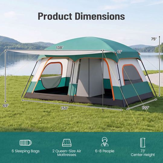 4-10 Person Camping Tent in Green Color with Porch and 2 Rooms for Backpacking