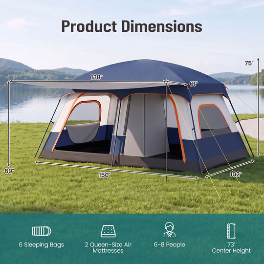 4-10 Person Camping Tent with Porch and 2 Rooms for Backpacking