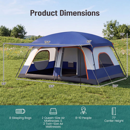 4-10 Person Camping Tent with Porch and 2 Rooms for Backpacking