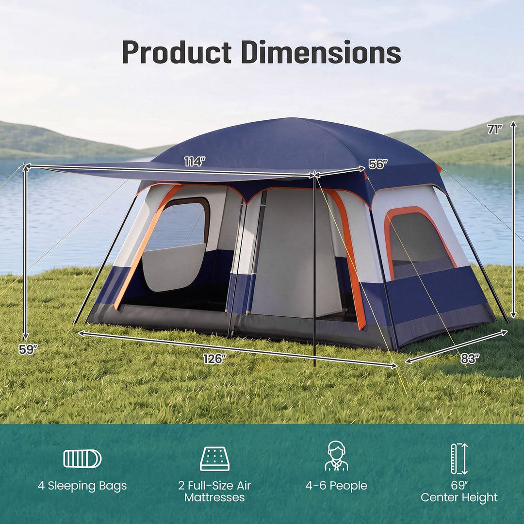 4-10 Person Camping Tent with Porch and 2 Rooms for Backpacking