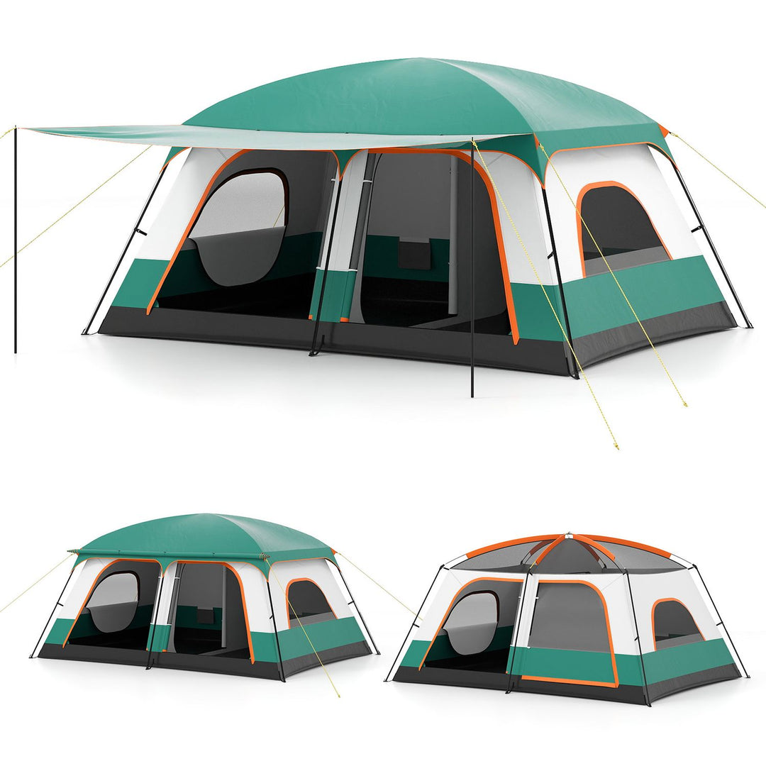 4-10 Person Camping Tent in Green Color with Porch and 2 Rooms for Backpacking