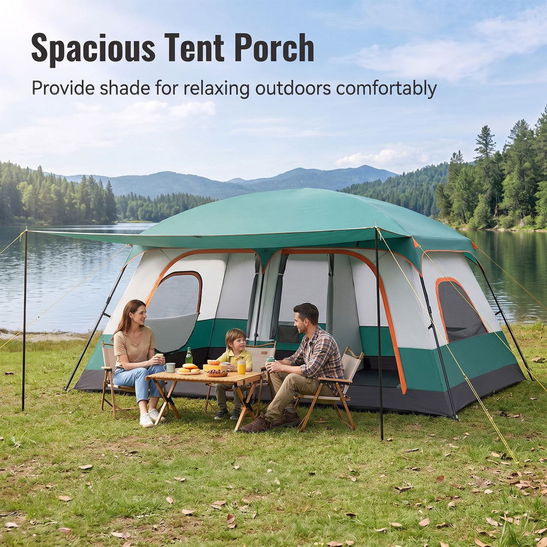4-10 Person Camping Tent in Green Color with Porch and 2 Rooms for Backpacking
