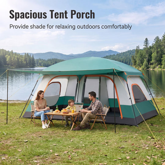 4-10 Person Camping Tent in Green Color with Porch and 2 Rooms for Backpacking