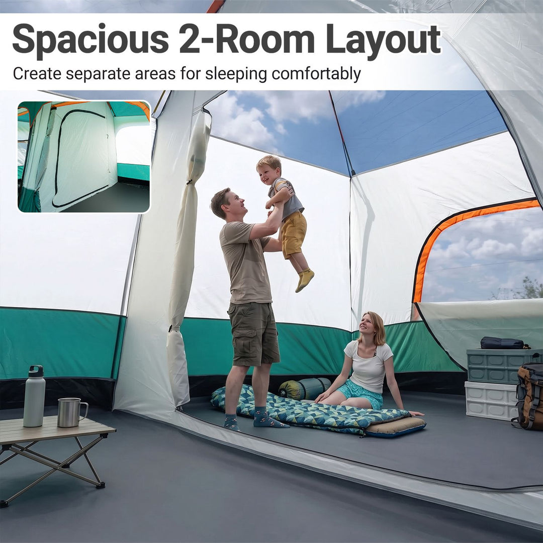 4-10 Person Camping Tent in Green Color with Porch and 2 Rooms for Backpacking