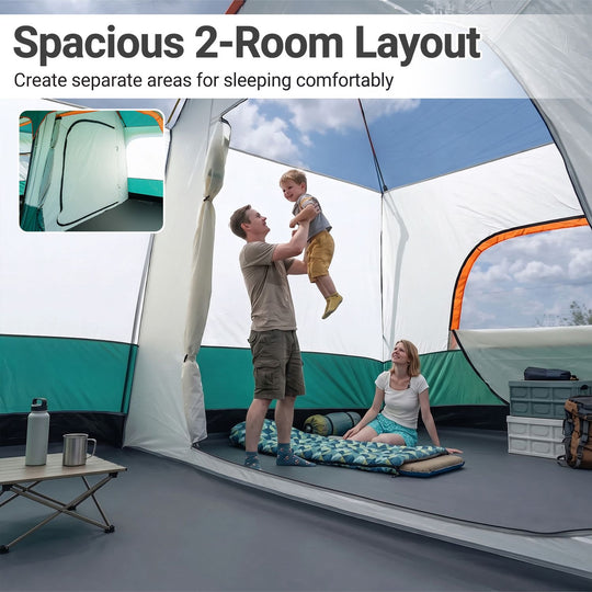 4-10 Person Camping Tent in Green Color with Porch and 2 Rooms for Backpacking
