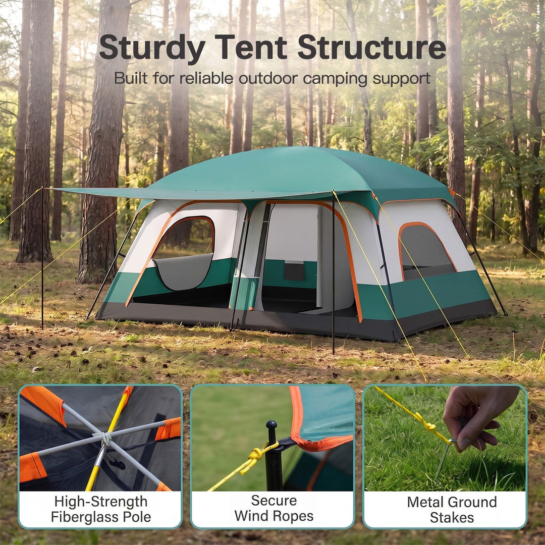 4-10 Person Camping Tent in Green Color with Porch and 2 Rooms for Backpacking