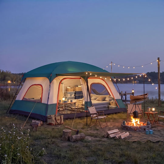 4-10 Person Camping Tent in Green Color with Porch and 2 Rooms for Backpacking